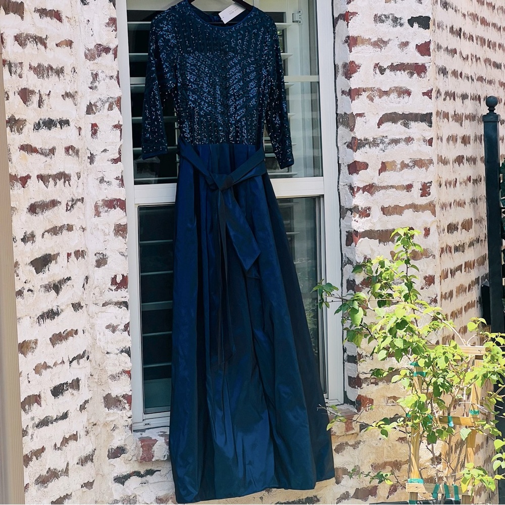 Teri Jon Midnight Blue 3/4 length Sleeve Crew Neck Maxi Length Gown